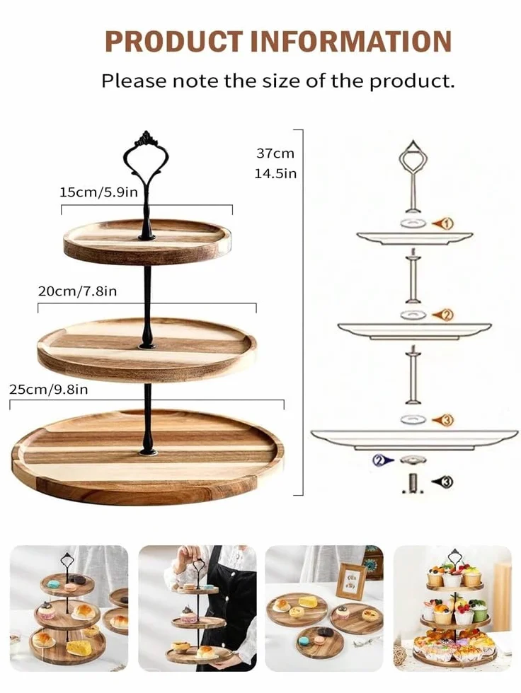 Torre de exhibición de pasteles Soporte de madera for cupcakes, soporte grande for pasteles 3 niveles, bandeja for servir, expositores rústicos for postres