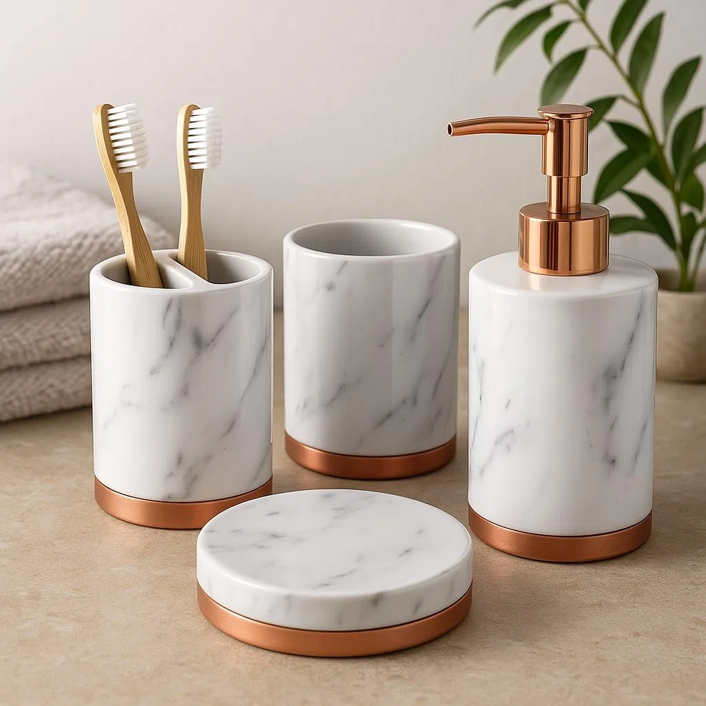 WPM Juego de Accesorios de baño 4 Piezas. Juego de baño de mármol con Borde de Oro Rosa con dispensador de jabón líquido, Soporte para Cepillo de Dientes, Vaso y jabonera.
