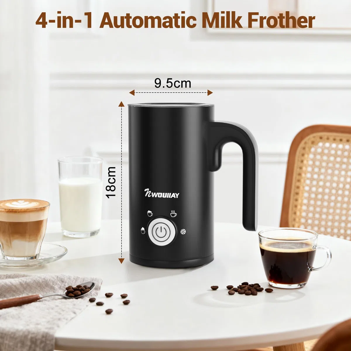 Espumador de Leche 4 en 1 Espumador Leche Eléctrico 600W 300ML Control de Temperatura Inteligente Espuma Caliente y Fría Calentador para Cappuccino, Chocolate caliente, Latte
