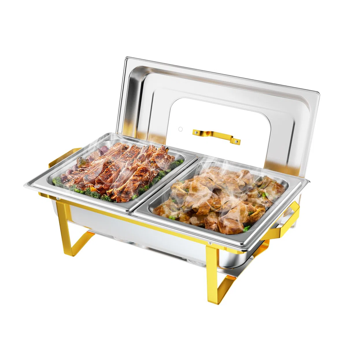 ROVSUN Juego de Platos de Cocina de 8 Cuartos de galón, Acero Inoxidable NSF, Calentador de Alimentos Rectangular con 2 sartenes de Medio tamaño y Marco Plegable para Fiestas (Paquete de 1)