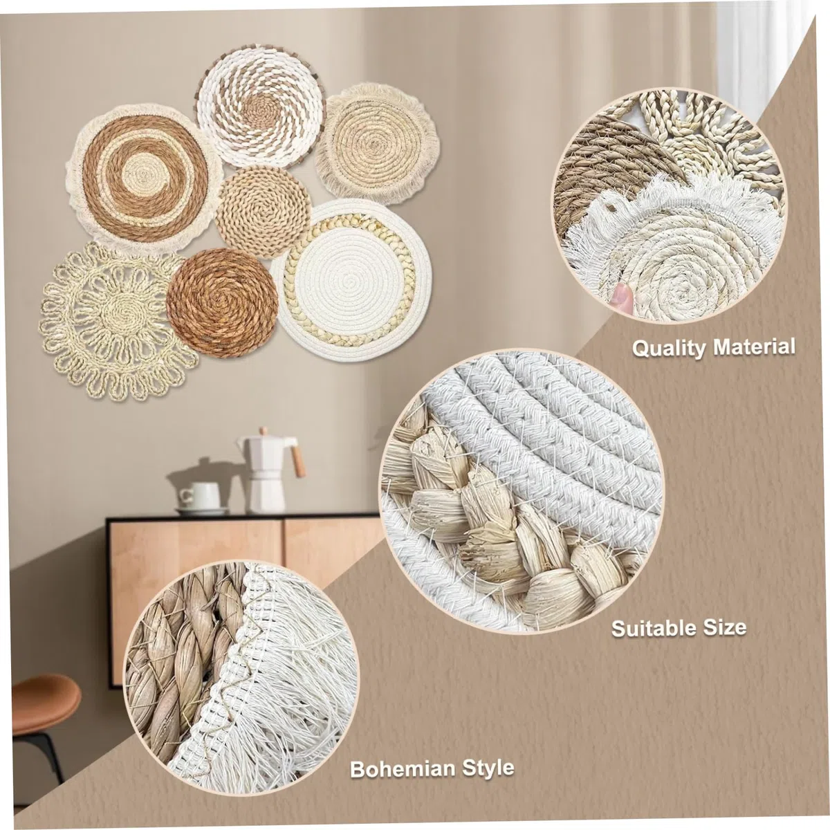 Decoración de la cesta de pared tejida colgante, cestas de pared boho 7pcs/set de diferente tamaño y estilo decoración de canasta boho tejido y arte decorativo redondo para sala de estar, dormitorio
