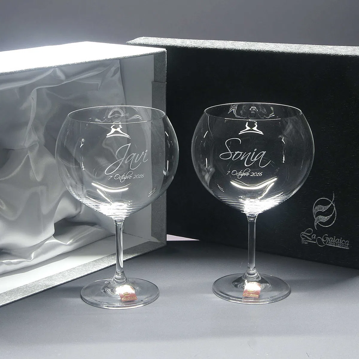 Gala&K | Set de 2 copas de cristal para gin tonic | Para novios | Bodas de plata/oro | Aniversarios | Colección GIN TONIC-GRABADO | Grabación personalizada.