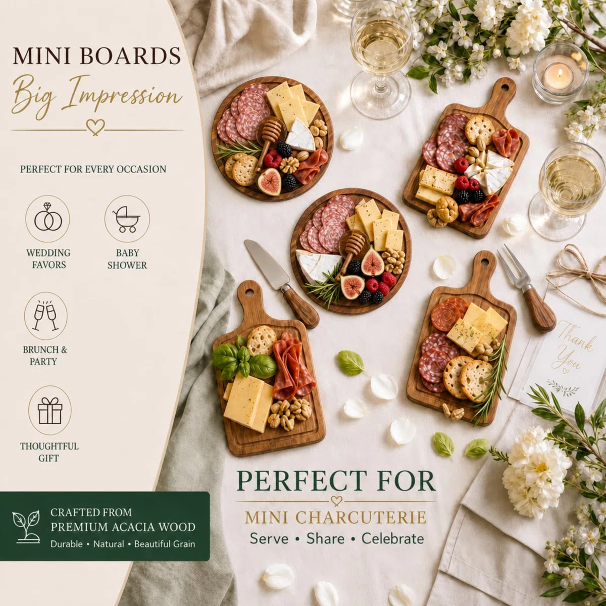 Maxcheck Juego de 6 juegos de premios de juego de novia para baby shower, juego de mesa redonda de queso, mini tabla de embutidos de madera con cuchillos y tenedores, tarjeta de agradecimiento a