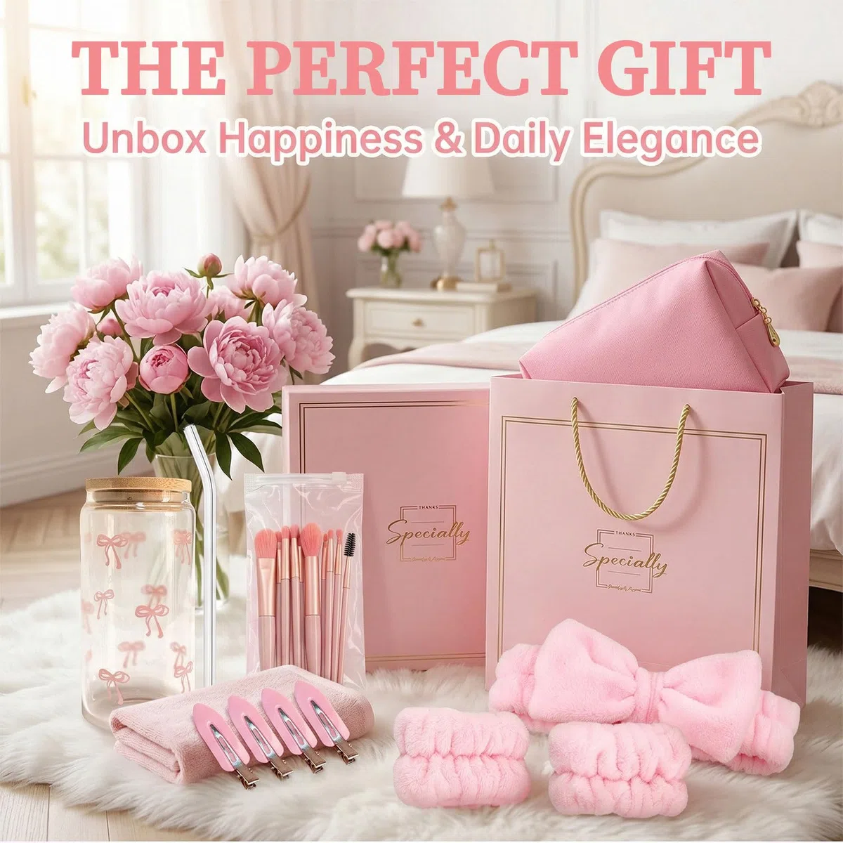 rosa Caja de regalo para niñas adolescentes 9-16 años, set de regalos de cumpleaños con vaso de vidrio, pajita, tapa, brochas de maquillaje, neceser, horquilla, conjunto de diademas