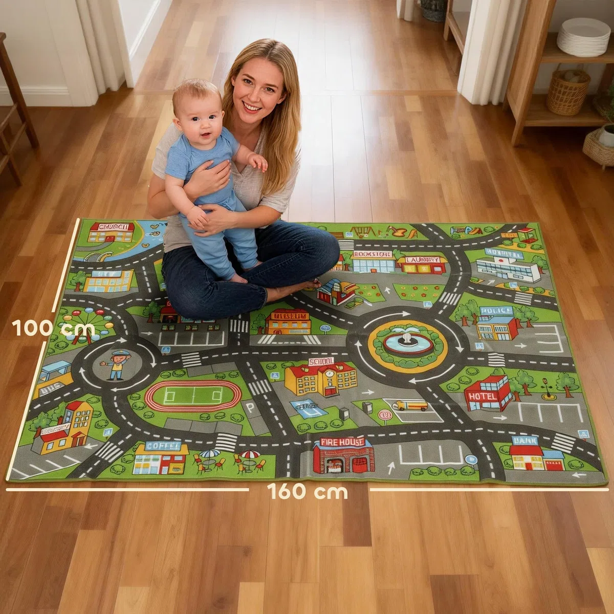 AIYAPLAY Alfombra Infantil, Carretera de Ciudad, 160x100 cm, Alfombra Educativa Antideslizante para Gateo y Jugar con Coches, para Salón y Dormitorio, Textura Suave
