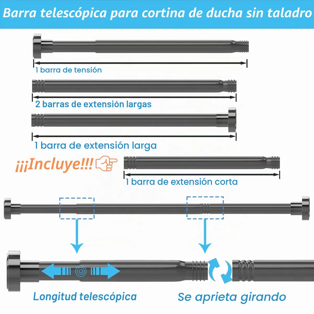 Barra cortina ducha barra extensible palo cortina para baño dormitorio armario Blanco 85-195CM Φ25mm