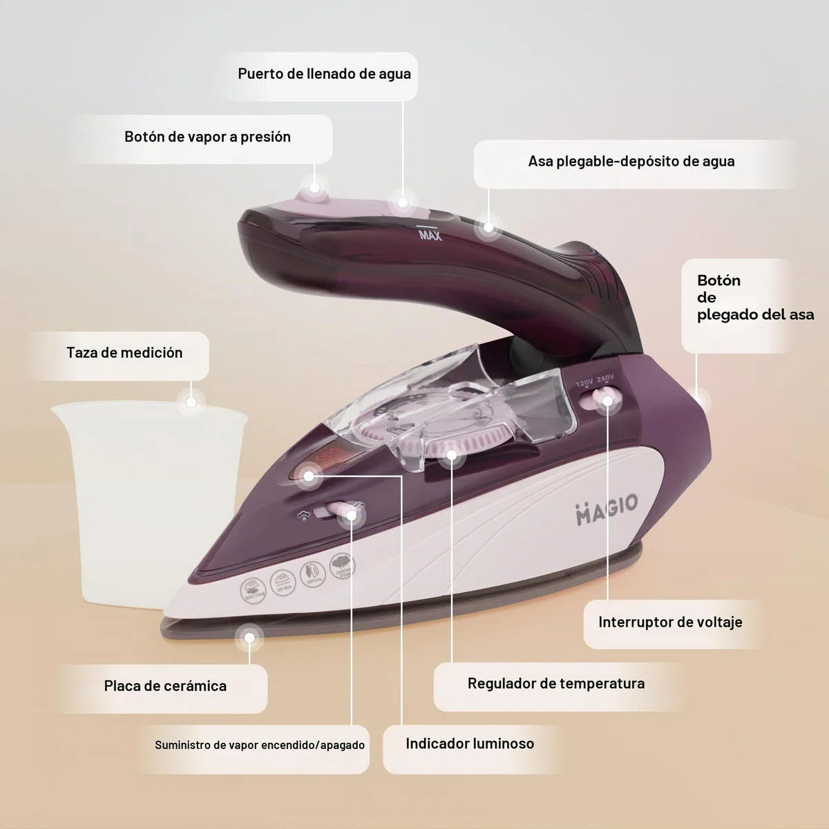 Plancha de vapor de viaje MAGIO | Steamer | 1100 W | Mango plegable | Doble voltaje 120V–240V | Mini plancha ultraligera de 0,7 kg | Suela cerámica | Regulador de temperatura