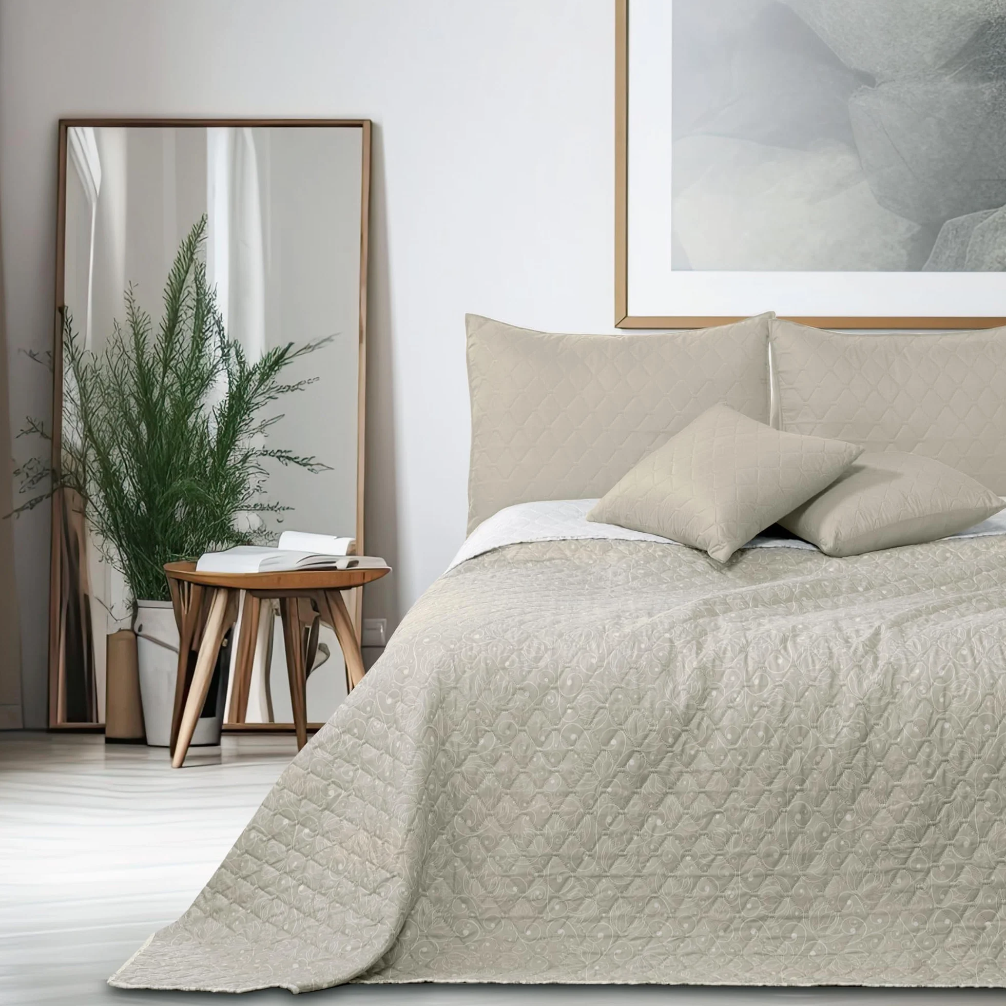 DecoKing Alhambra - Colcha (260 x 280 cm, fácil Cuidado, diseño Abstracto), Color Beige y Blanco