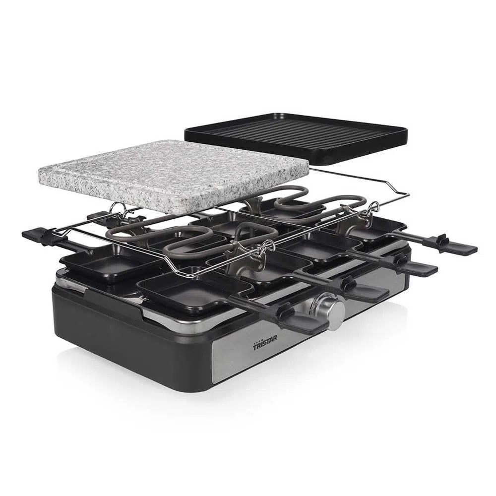 Tristar RA-2725 Raclette multifuncional cinco en uno, plancha de asar, parrilla, raclette y plancha de piedra, termostato regulable, superficie doble de 21 x 23 cm, Para 8 comensales, 1400 W