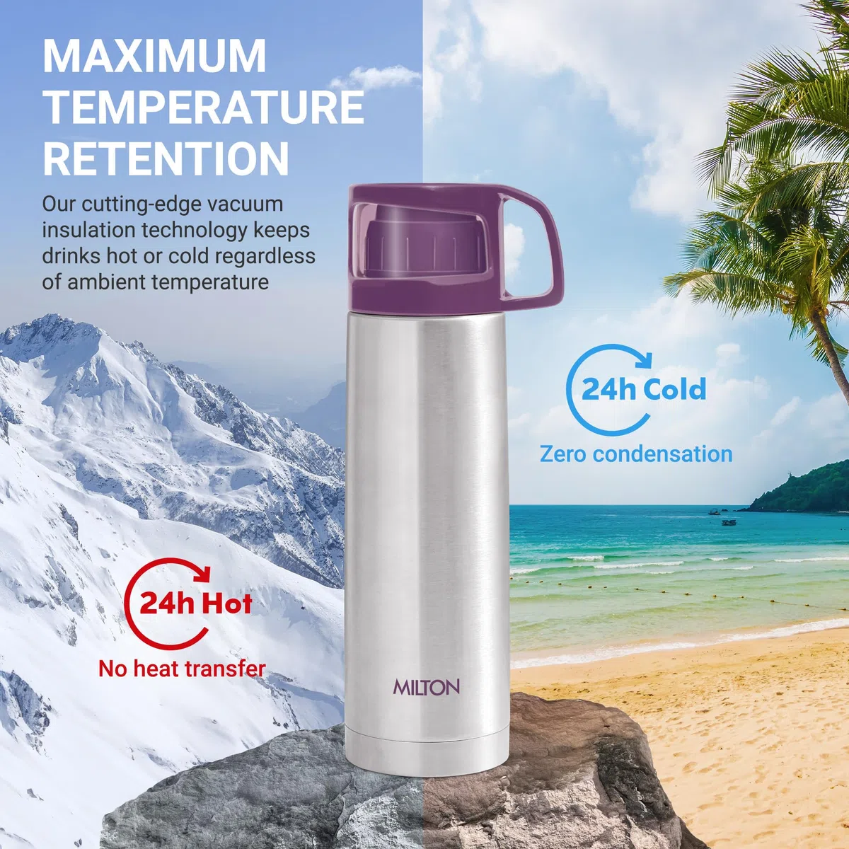 MILTON Botella de agua fría y caliente Glassy 1000 Termoacero 24 horas con tapa para taza | A prueba de fugas | Botella de oficina | Botella de gimnasio | Inicio | Cocina (Púrpura, 1000 ml | 34 oz) | Milton Flask - Botella de agua aislada de 1 litro con t