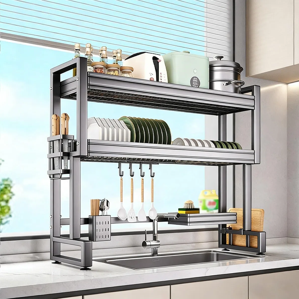 Escurridor de platos multifuncional de acero inoxidable que ahorra espacio para cocina, platos, vasos, cubiertos