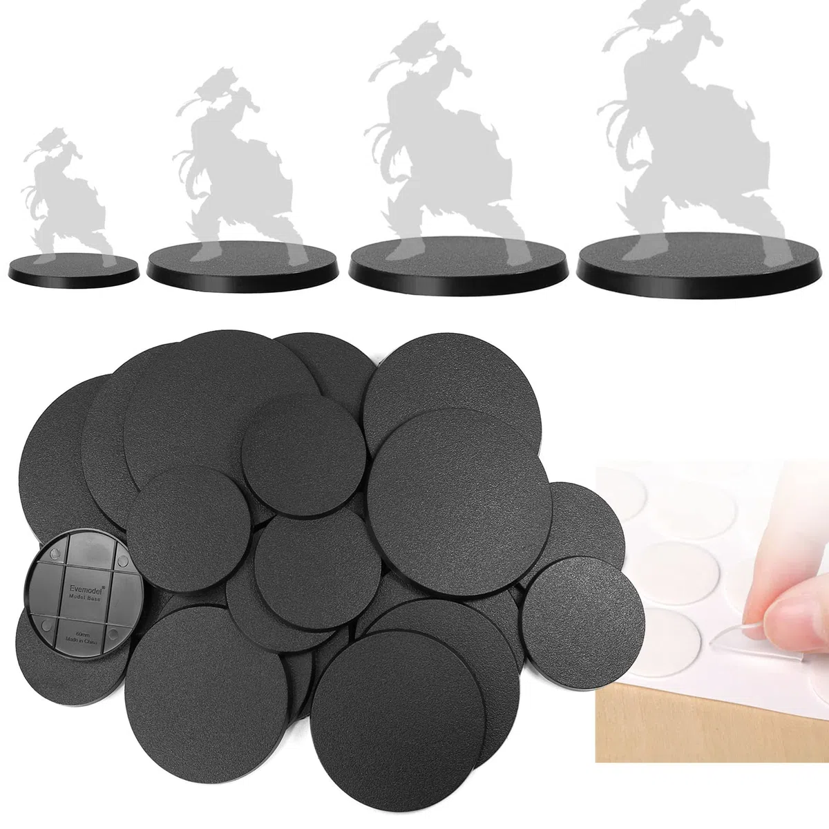 Evemodel Modelo de base redonda de 60 mm, 80 mm, 90 mm, 100 mm, base de plástico para mesa de arena, juegos de guerra, mesa con base mixta (50 unidades)