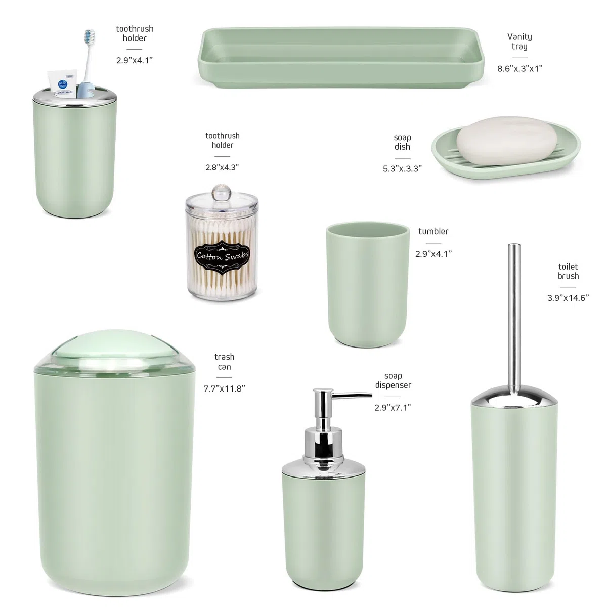 IMAVO Juego de Accesorios de baño – Juego de 8 Accesorios de baño Verdes con Papelera, dispensador de jabón, jabonera, Soporte para Cepillo de Dientes, Taza para Cepillo de Dientes, Soporte para