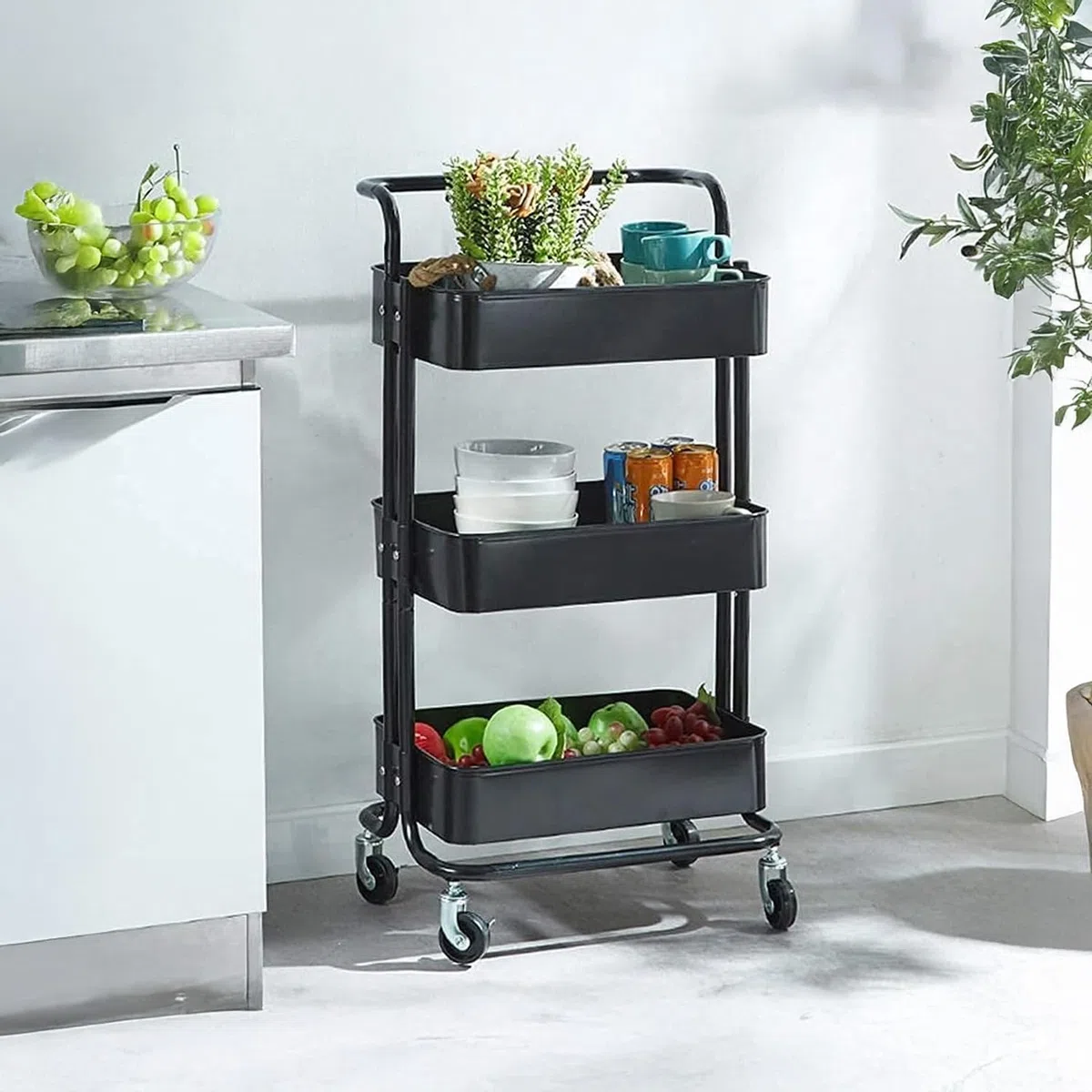 Wintem Carro de Cocina Ahorra Espacio con Ruedas y 3 estantes, 42 x 37 x 77 cm, Color Rosa – Ofrece Suficiente Espacio para Objetos de Diferentes Dimensiones y es fácil de maniobrar Incluso Cuando –
