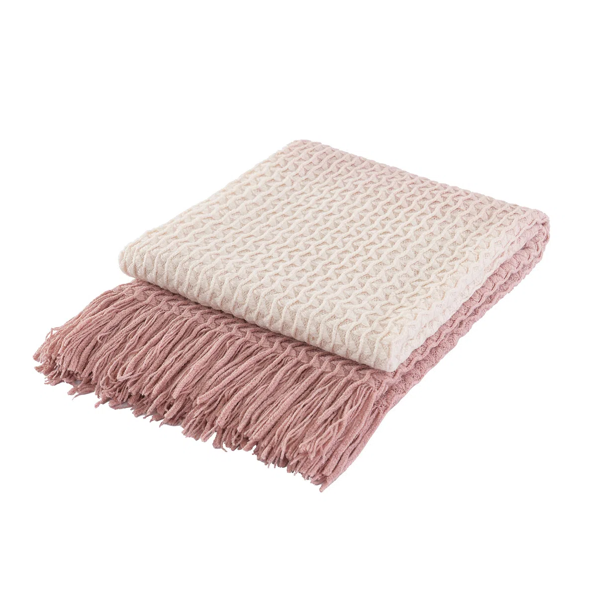 COASTLINE - Manta de punto tejida supersuave y decorativa en ombre rosa para sofá, silla, cama, manta ligera, suave y acogedora tipo cachemir, delicado patrón de tejido con borlas, 127x152 cm