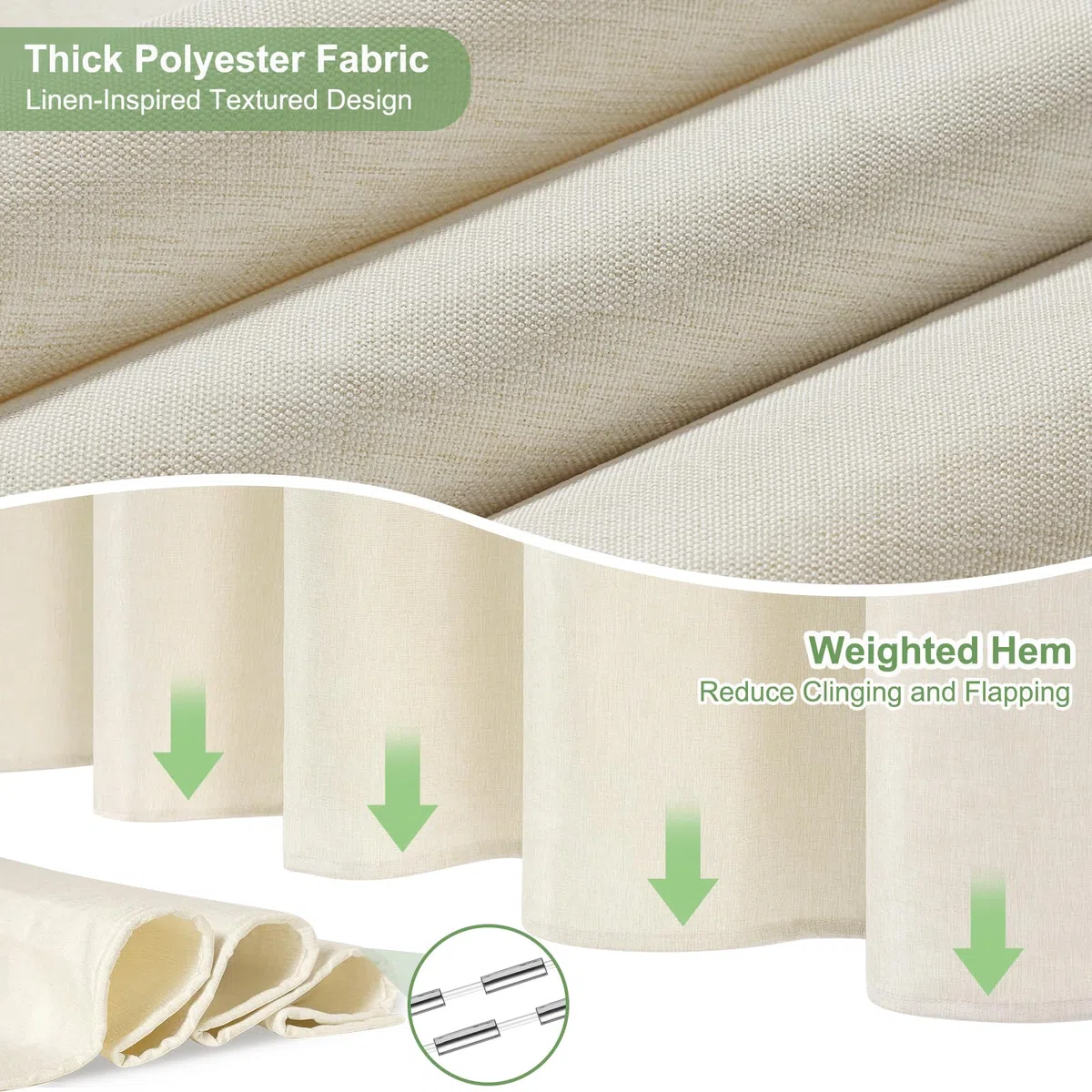 Cortina de Ducha de Lino Texturizado con Revestimiento Impermeable, Ojales Grandes, 230GSM Cortina de Baño de Tela Resistente, Dobladillo Pesado, Lavable, Instalación Fácil, 183x191cm, Crema