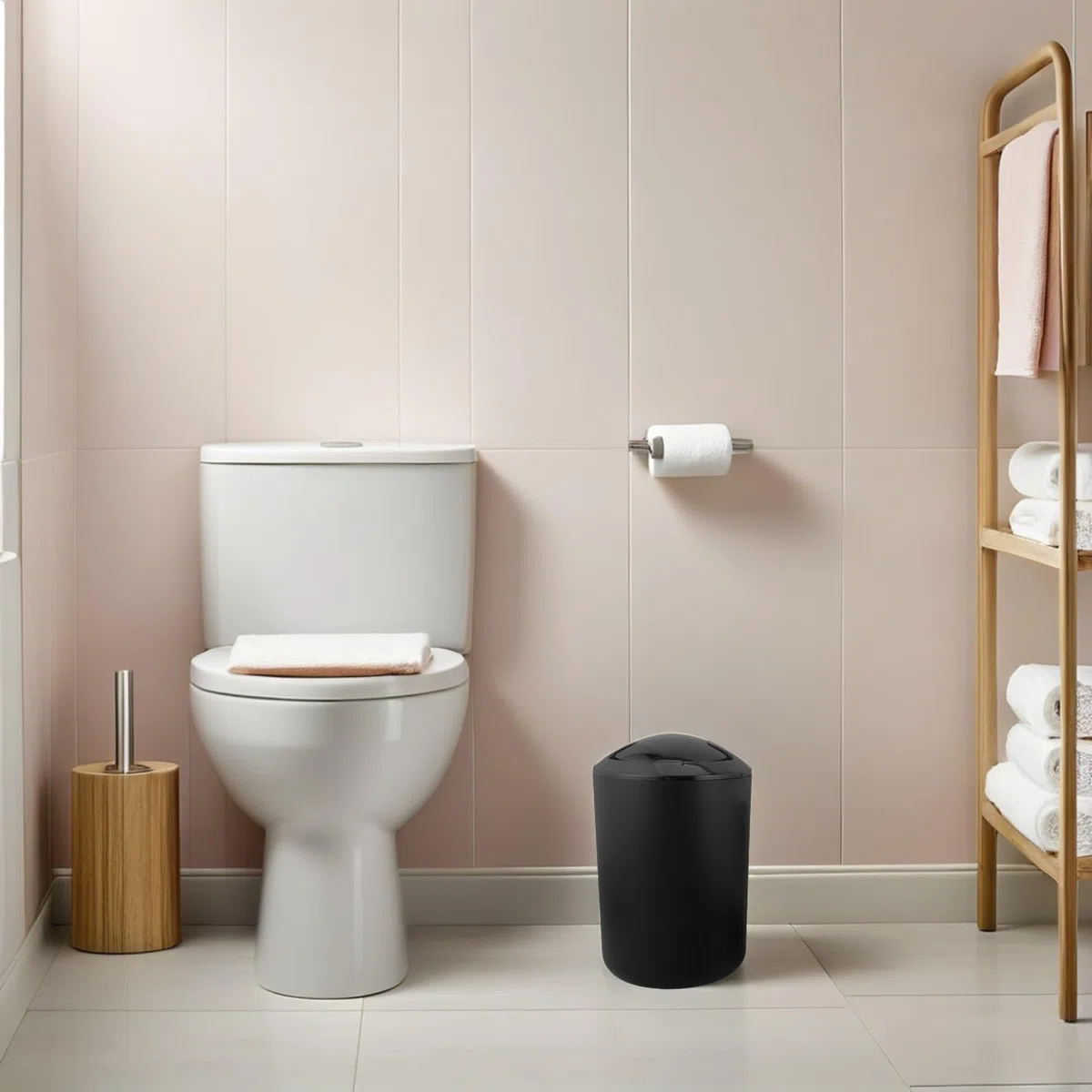 GANAZONO Set de Accesorios de Baño Negro de 6 Piezas con Dispensador de Jabón, Porta Cepillos Dentales, Escobillero y Papelera, Resistente Humedad y Fácil de Limpiar para Baño