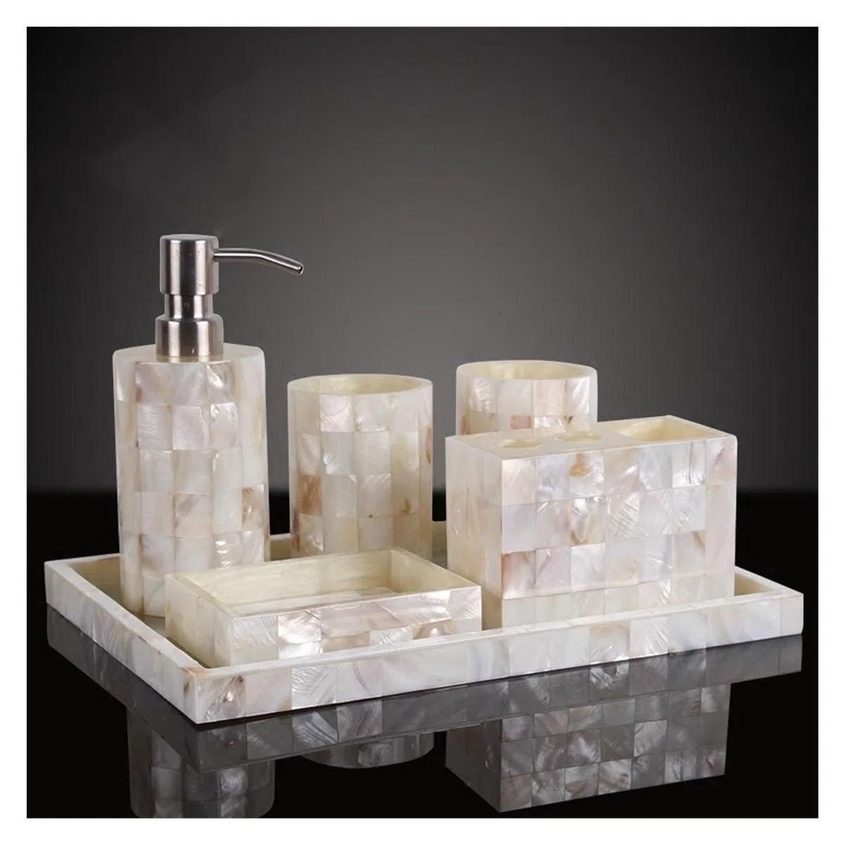 Set Dispensador Jabon Baño Juego de cinco piezas de accesorios de baño de resina con forma de concha, herramientas de lavado, dispensador de jabón, vaso for gárgaras, soporte for cepillo de dientes, j