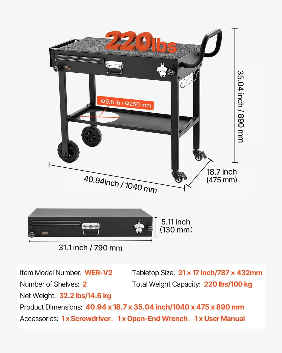 VEVOR Carro de Barbacoa Plegable 787 x 432 mm, Mesa de Barbacoa para Exteriores con Ruedas y Portapañuelos, Carrito con Soporte Magnético para Herramientas, Mesa Auxiliar para Jardín, Picnic, Cocina