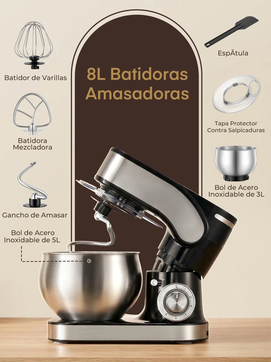 Batidora Amasadora con 5L + 3L Doble Bol de Acero Inoxidable | Gancho de Amasar Reforzado,Amasadora de Pan Amasadora Repostería 1300W, Pizza, Bollos y Repostería Casera
