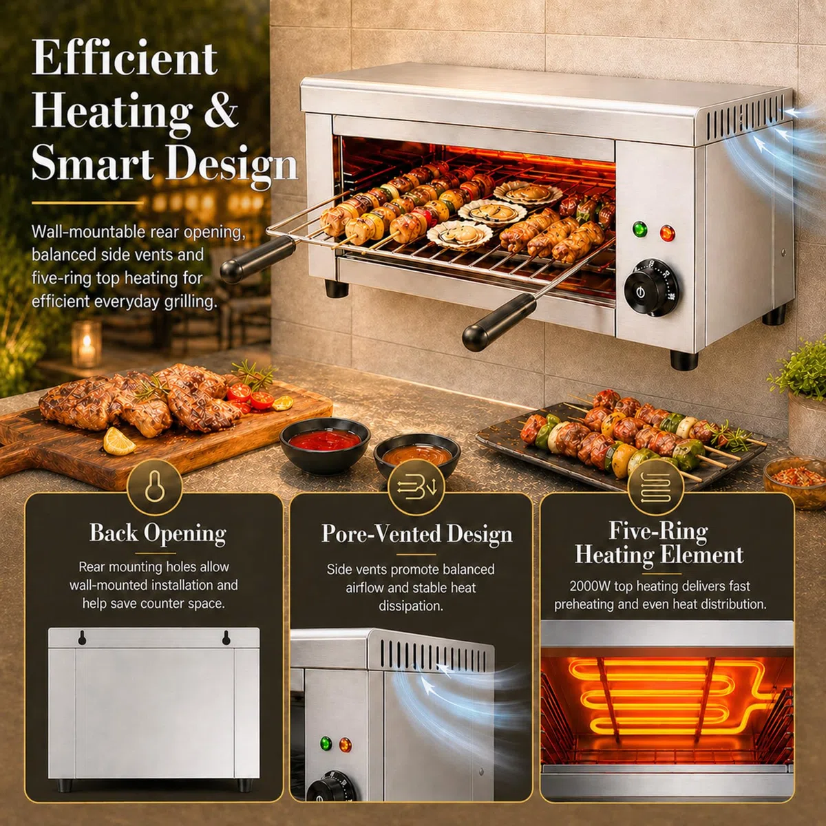 2000W Salamandra Electrica- derretidor de Queso salamandra eléctrico de 122-572 ℉ con 4 Alturas, Grill salamandra de Acero Inoxidable para Cocina Comercial, sándwiches y Asar filetes