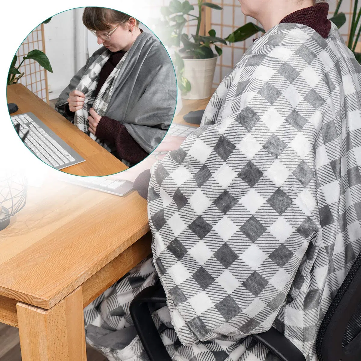 Navaris Manta eléctrica para Hombros Cuello y Brazos - Poncho eléctrico con Forma de U y Mando - Manta térmica Lavable - En Blanco Negro y Gris