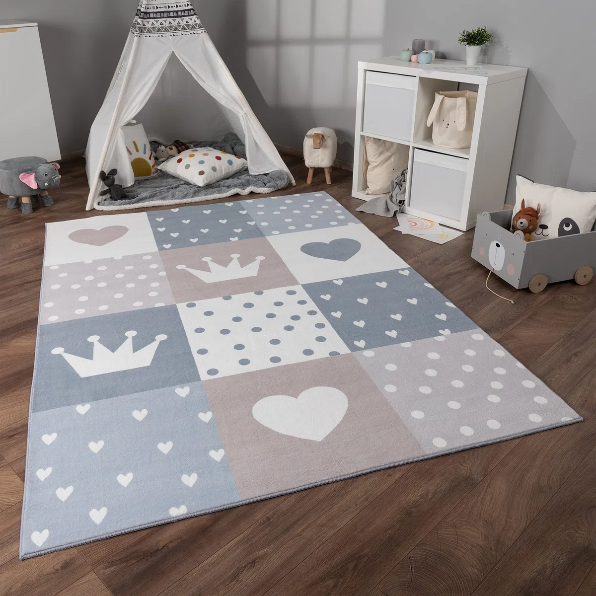 Paco Home Alfombra De Habitacion Bebe Infantil Niña Niño De Juego Antideslizante Arcoíris Corazón Lunares, tamaño:80x150 cm, Color:Beige