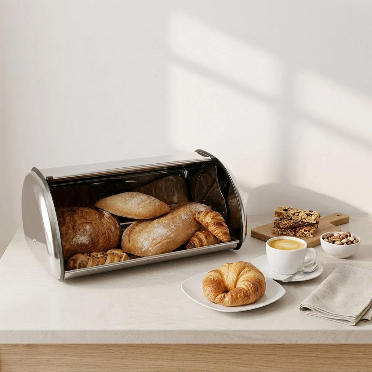 LOLAhome - Panera de Acero Inoxidable con Tapa Ideal para Guardar el Pan Fresco. Almacenaje de Cocina Elegante y Duradero. 42x27x18 cm