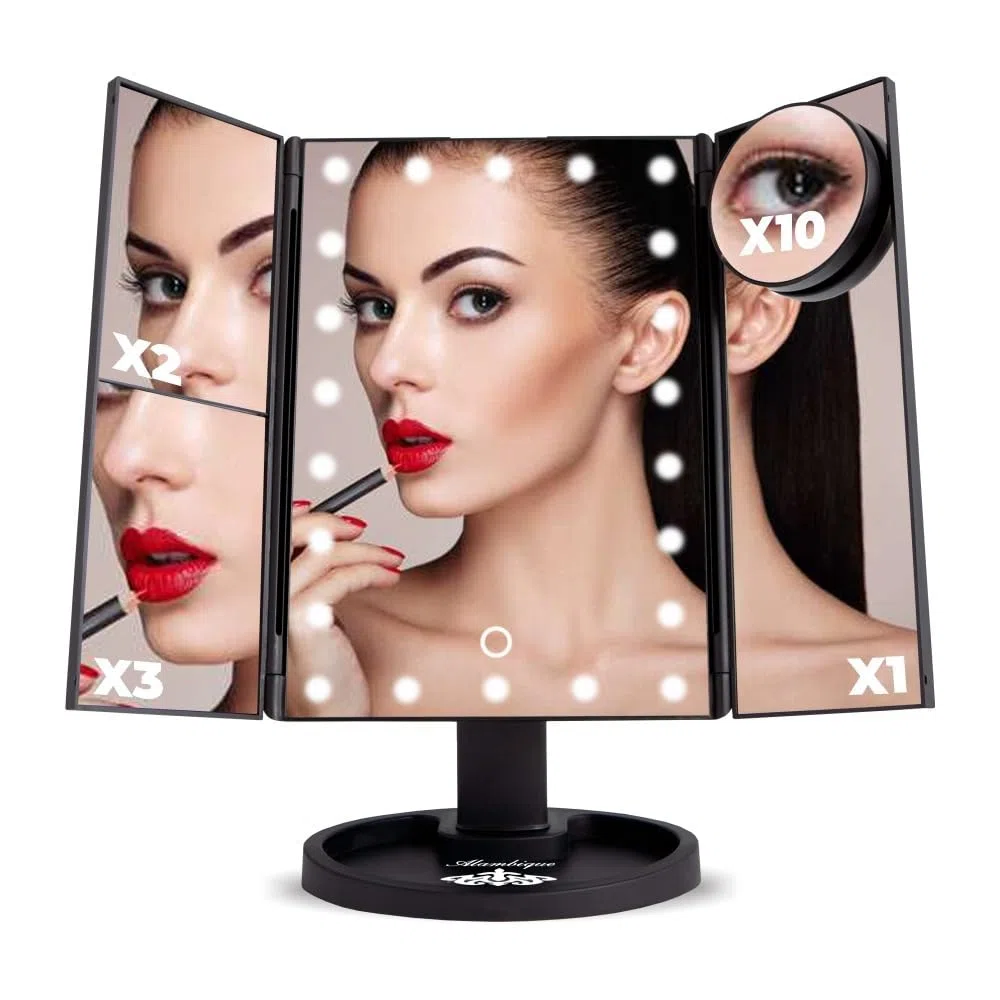 Alambique Espejo de Maquillaje con Luz LED 22 Luces – Aumento x1 x2 x3 x10 – Espejo Plegable con Pantalla Táctil – Funciona con Pilas o USB – Espejo Tocador Profesional