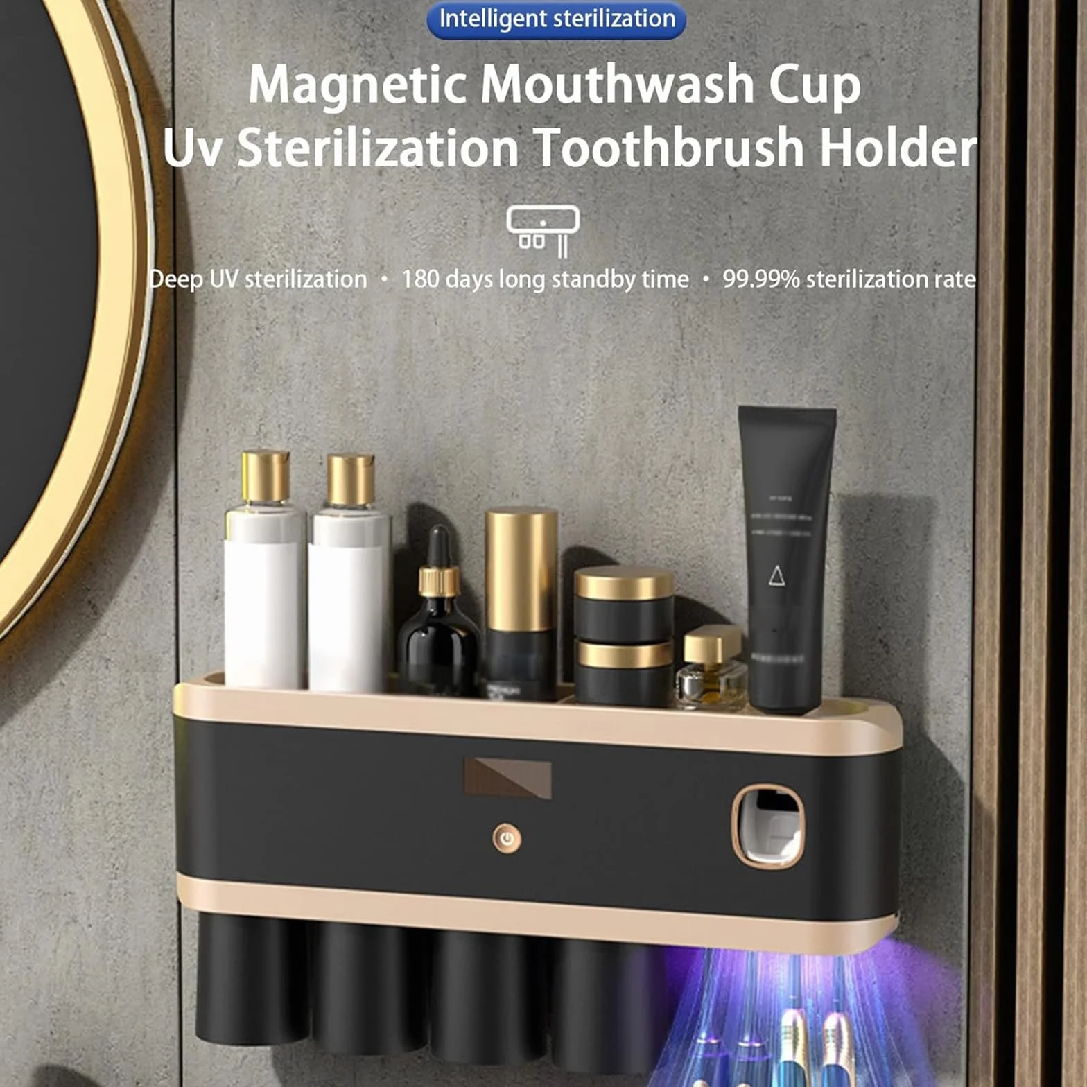 Soporte para cepillo de dientes eléctrico con esterilizador UV y dispensador automático recargable de pasta de dientes montado en la pared para ducha y baño, color negro, 2 tazas