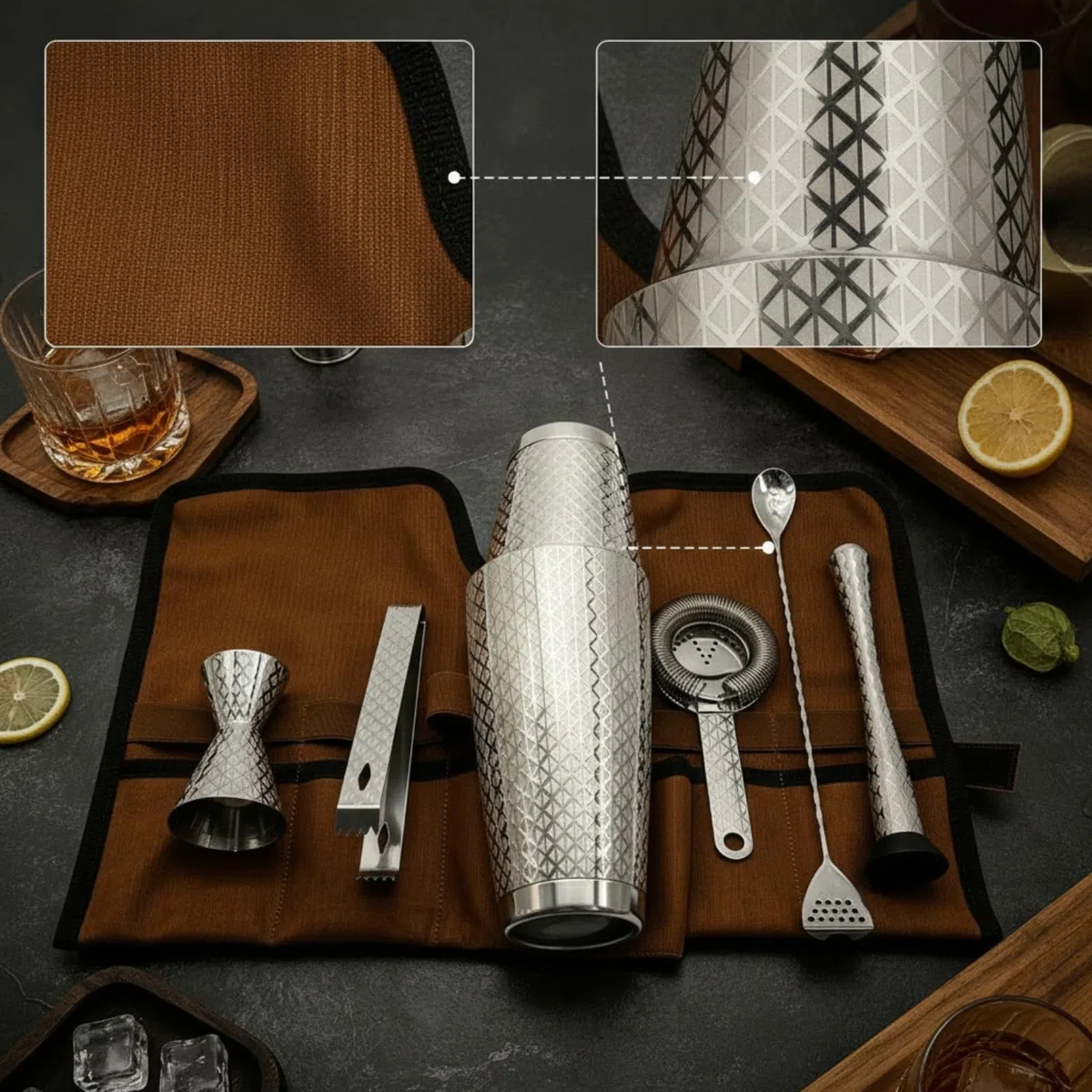 7 Piezas Juego Coctelerí Estuche Enrollable Profesional Kit Barman con Bolsa Lona Compacto Coctelera para Hogar, Juego De Coctelería Boston Grabado Con Patrón De Diamante, Con Base, 7 Piezas