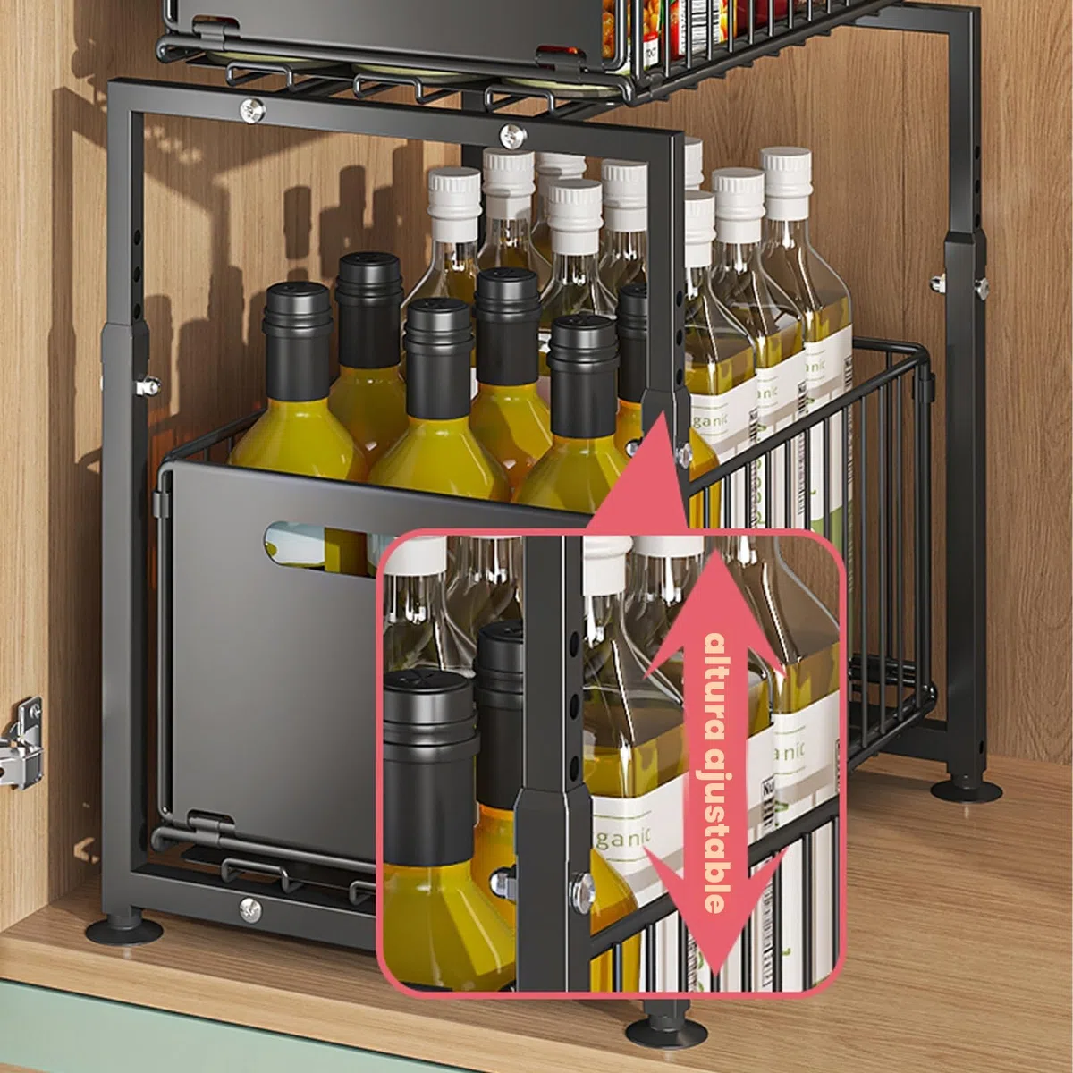 YunNasi Organizador de Cocina Almacenamiento bajo Fregadero de Metal Organizador 2 Niveles Extraíble Estante para Especias (Negro, Modelo-A)