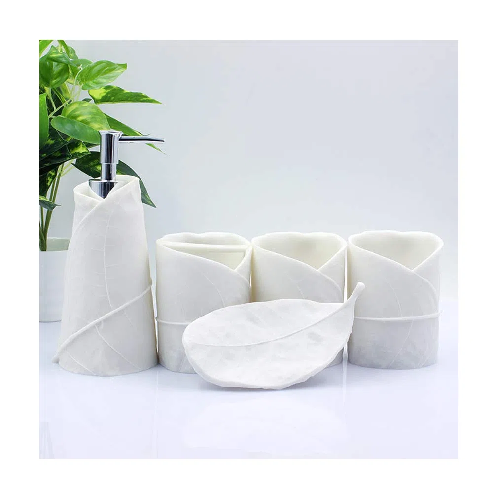 Estilo Moderno Blanco Juego de Accesorios de Baño de Resina Conjunto de Baño con Porta Cepillo de Dientes, 2 Tazas, Dispensador de Jabón Líquido, Jabonera, Diseño de la Hoja,Without Tray