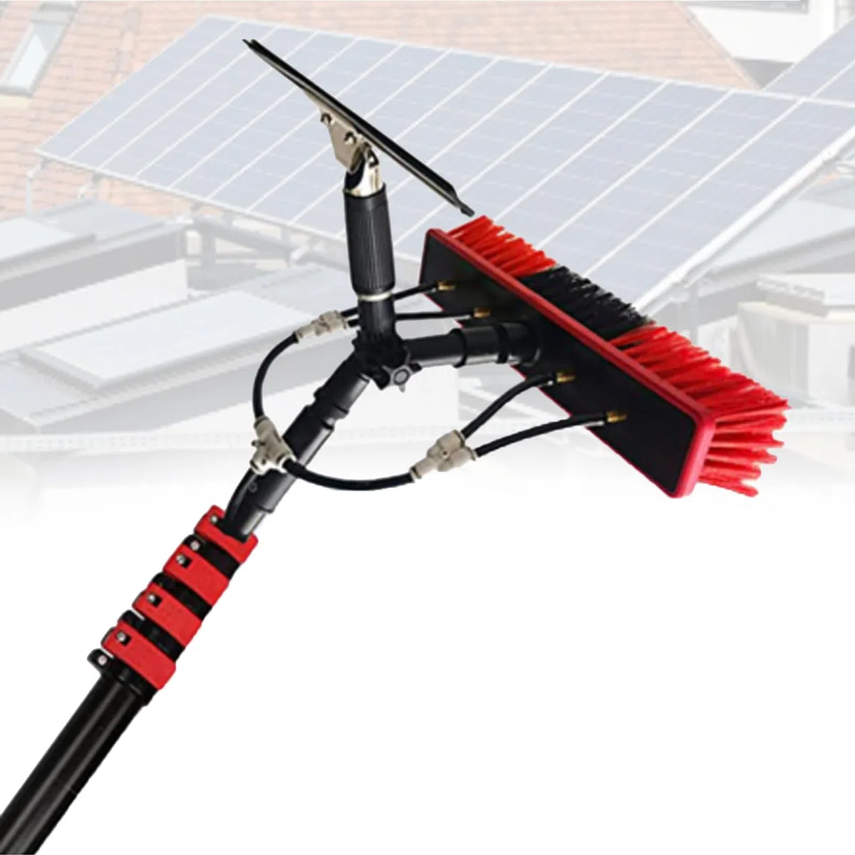 Cepillo telescópico de limpieza de vidrio, equipo de limpieza de ventanas alimentado por agua, cabezal de cepillo de 35 cm con escobilla de goma, alcance de 10,8 m para techo de invernadero