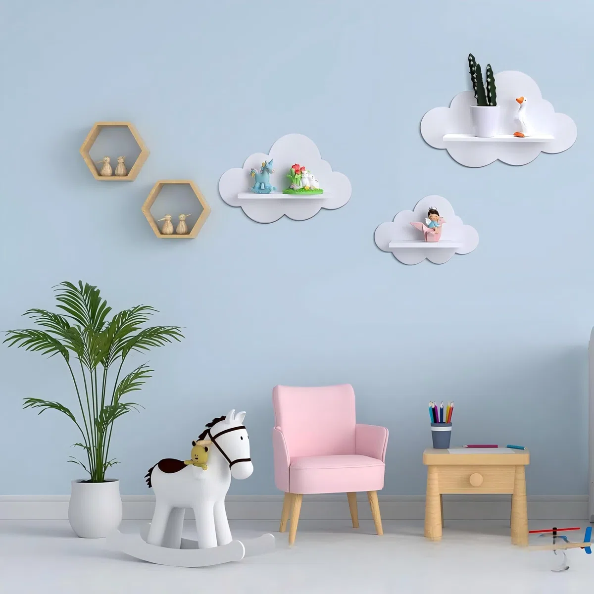 Juego de estantes flotantes blancos para decoración de cuarto de bebé, estante de pared flotante para dormitorio