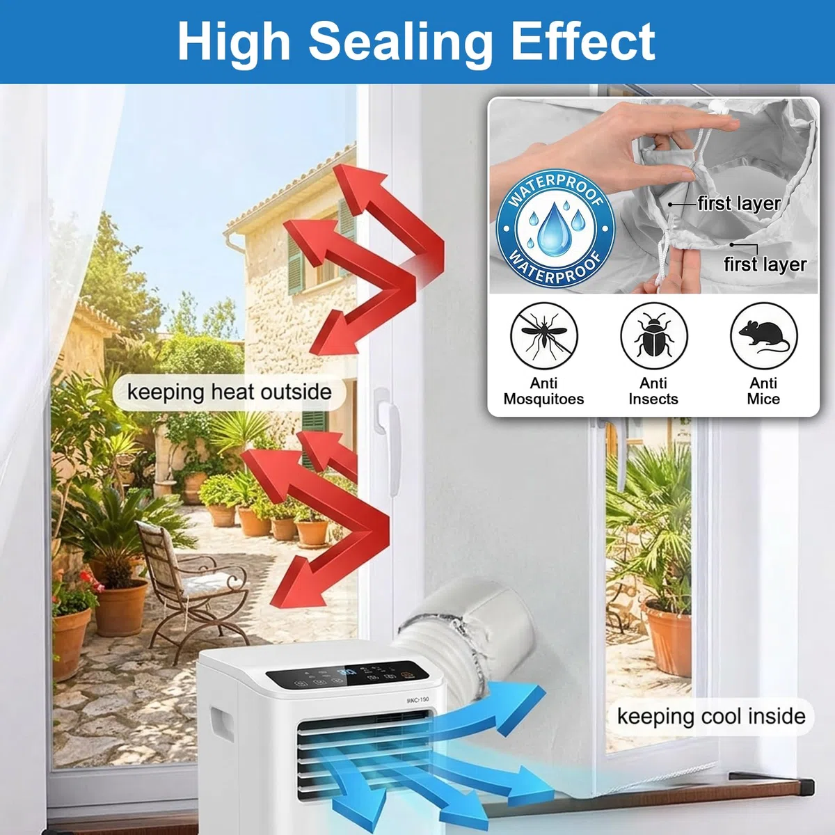 Junta de Ventana Portátil para Aires Acondicionados, 400cm Sello de Ventana Universal con Dos Cuerdas Fijas, Kit de Sellado para Aire Acondicionado Parada de Aire Caliente, Fácil Instalación