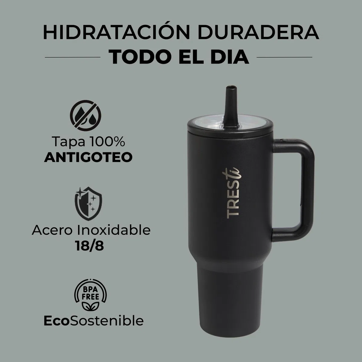 Tumbler Térmico 1,2L (40oz) con Asa y Pajita Abatible - Termo de Acero Inoxidable 100% Antigoteo - Vaso Térmico EcoSostenible - Mantiene Frío 12H y Calor 6H - Negro