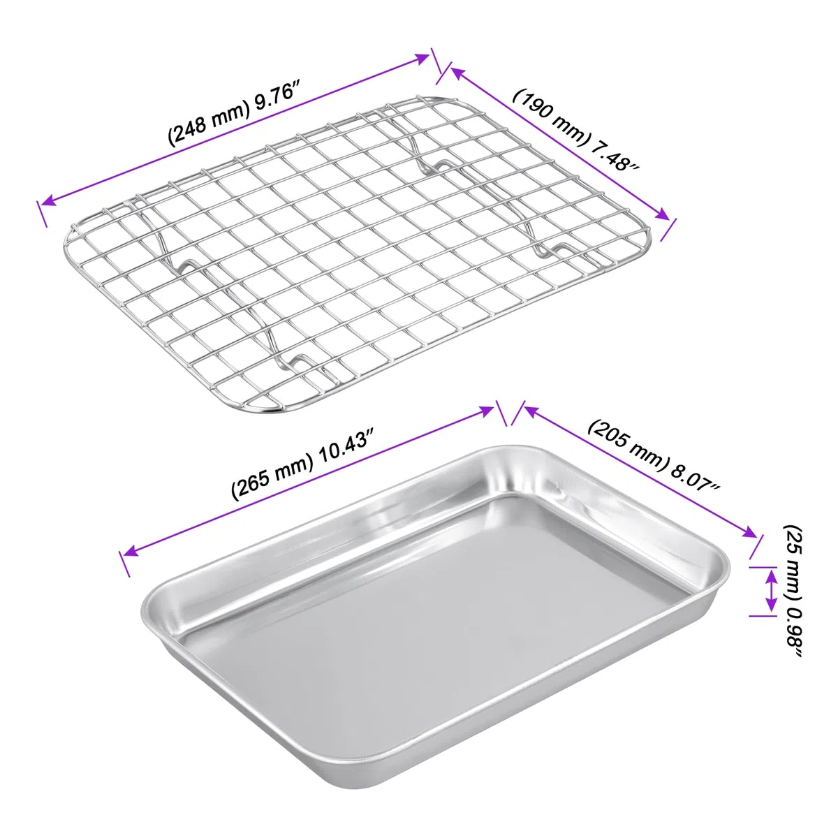 Juego de 4 bandejas de acero inoxidable con rejilla de enfriamiento, aptas para lavavajillas, de acero inoxidable, con rejilla, para hornear, asar, servir, 26,5 x 20,5 x 2,5 cm