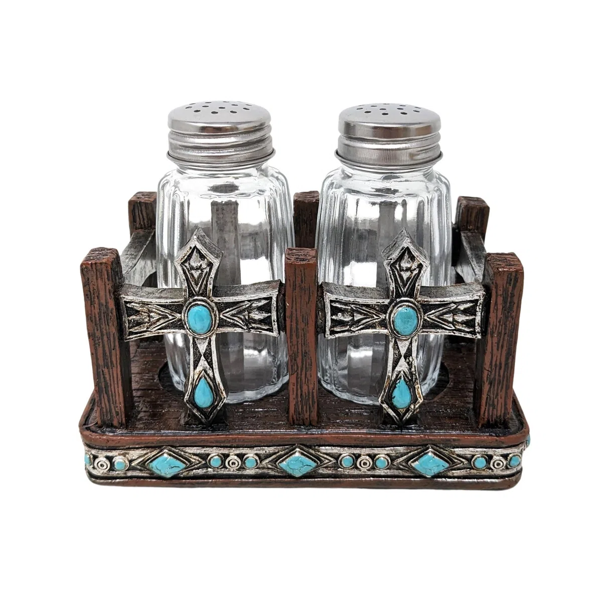 BestGiftEver Salero y pimentero de piedras preciosas turquesa (doble cruz), detalles de cocina del suroeste, juego de salero y pimentero rústico occidental, decoración de comedor