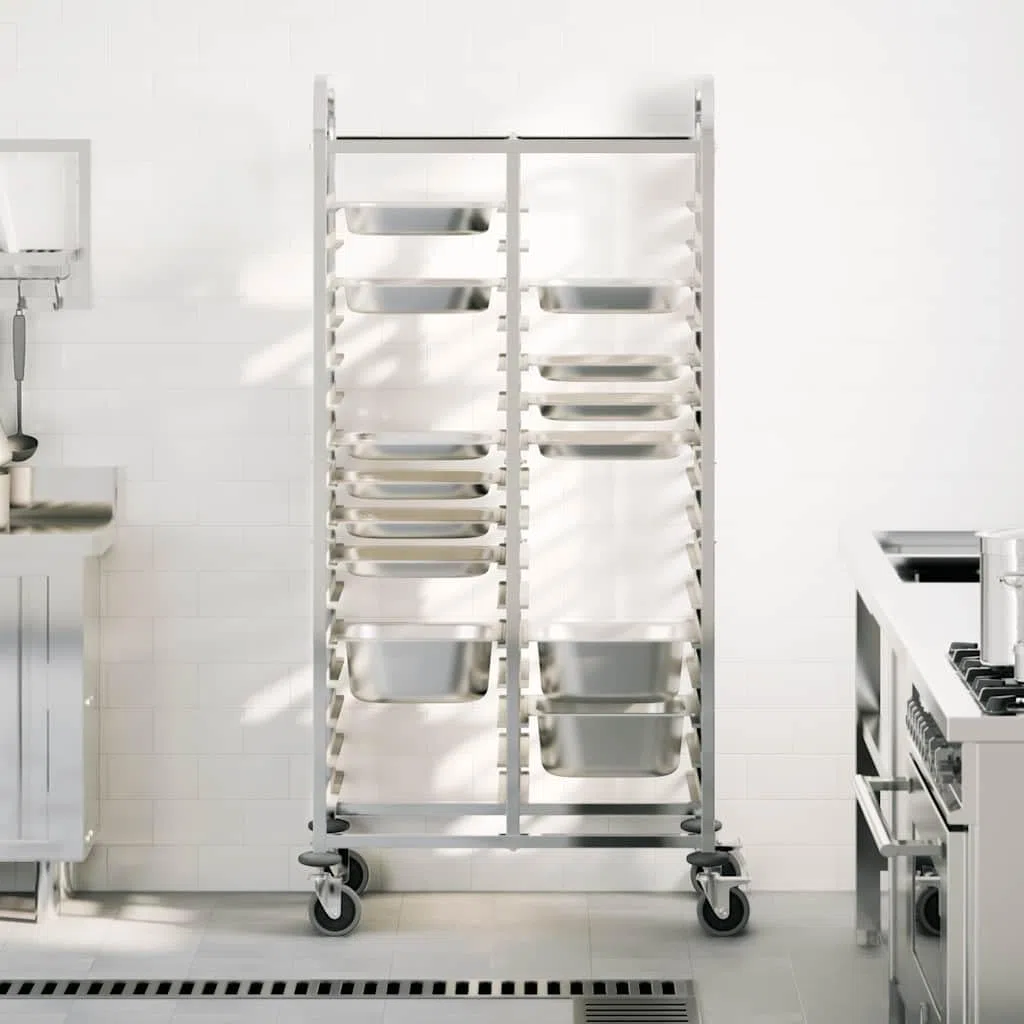 Carro de bandeja de acero inoxidable 75 x 55 x 162,5 cm con 32 contenedores GN 1/1, enrollable con 4 ruedas giratorias, ahorra espacio para cocina y gastronomía, estante estable y organizador
