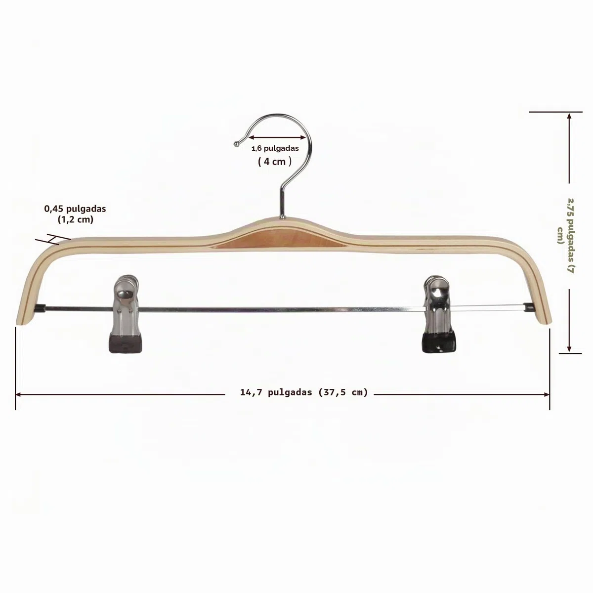 Percha de Madera Natural para Pantalones con 2 Clips antioxidantes Ajustables. 10 Unidades