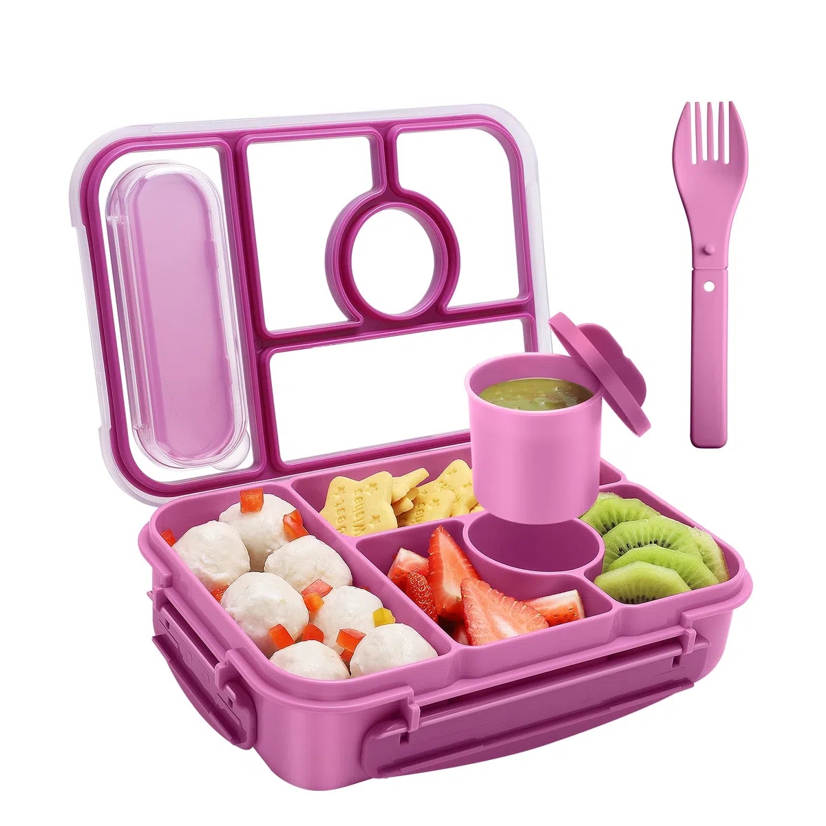 Amathley Fiambrera Infantil,Lunch Box Kids/Adultos,1300ML Bento Box Kids con 5 Compartimentos y Recipientes Para Salsas, Para Microondas y Lavavajillas,Sin BPA (Morado)