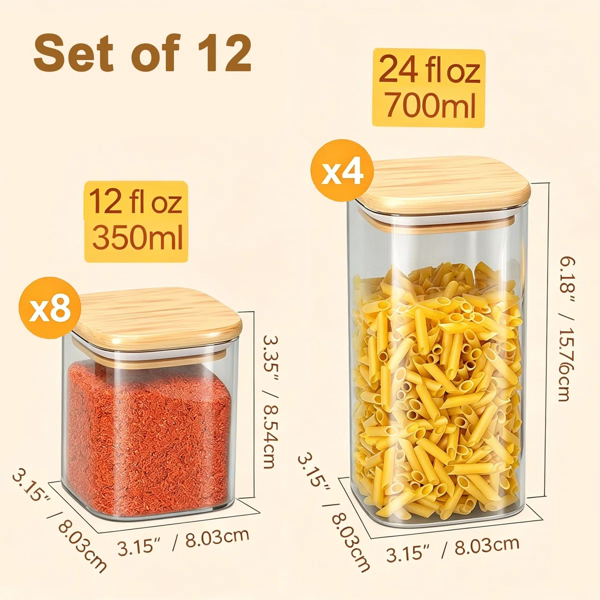 Tarros de almacenamiento de vidrio con tapa de bambú, paquete de 12 tarros herméticos para alimentos, recipientes de almacenamiento de cocina transparentes para especias, harina, galletas y semillas