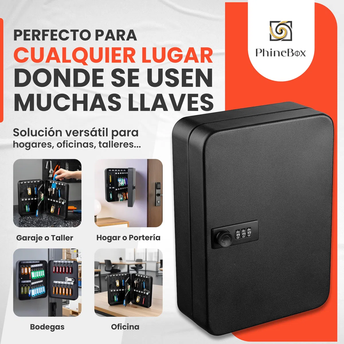 Caja Llaves, Armario para 48 Llaves con Cerradura de Combinación, Armario Llaves en Pared, Caja de Acero Laminado Negro, 48 Llaveros Incluidos, Key Box