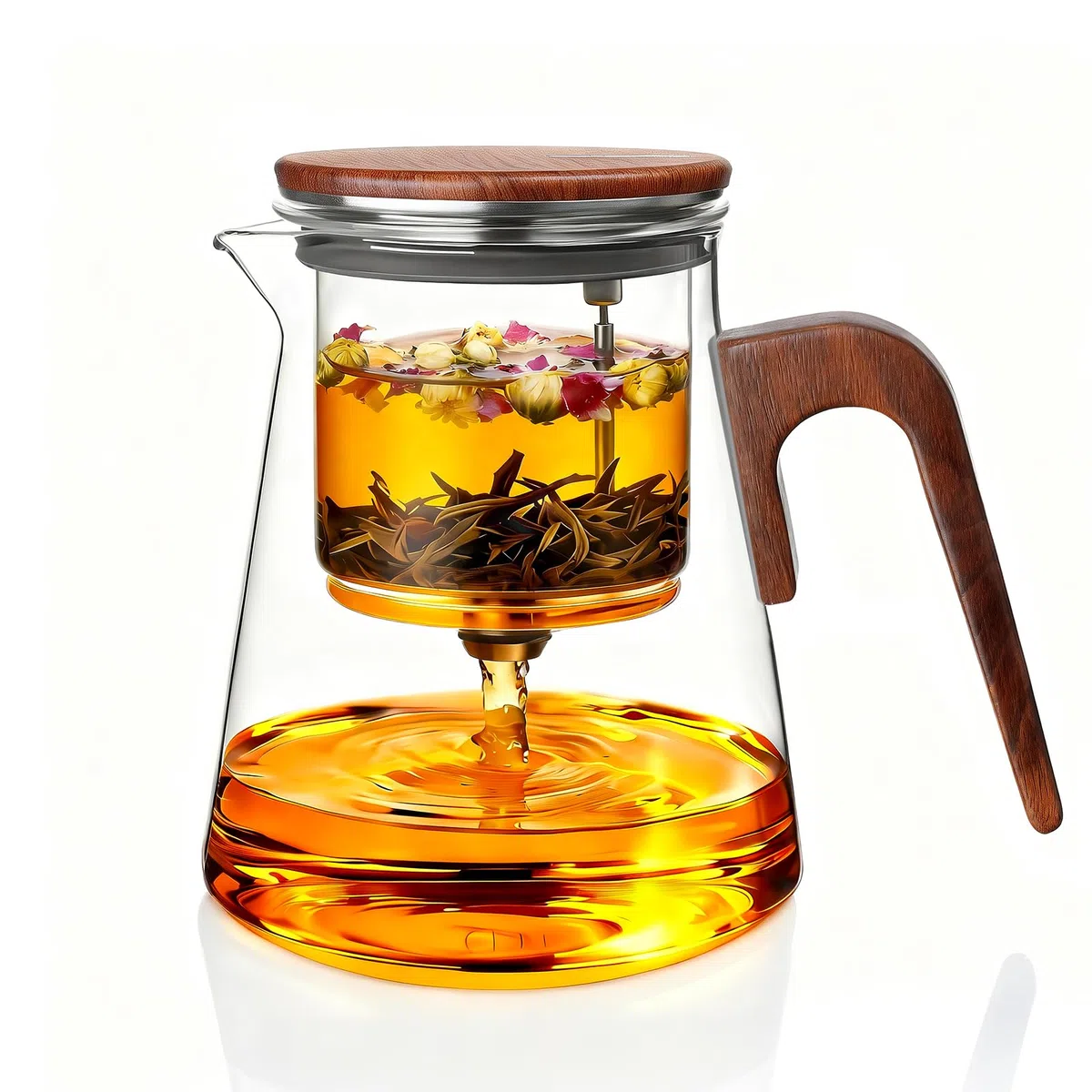 ZENS Theiere con infusor, Magic tetera de cristal con tapa de succión magnética para té de hojas sueltas sin daños, mango de madera de nogal, regalos para los amantes del té-800ML