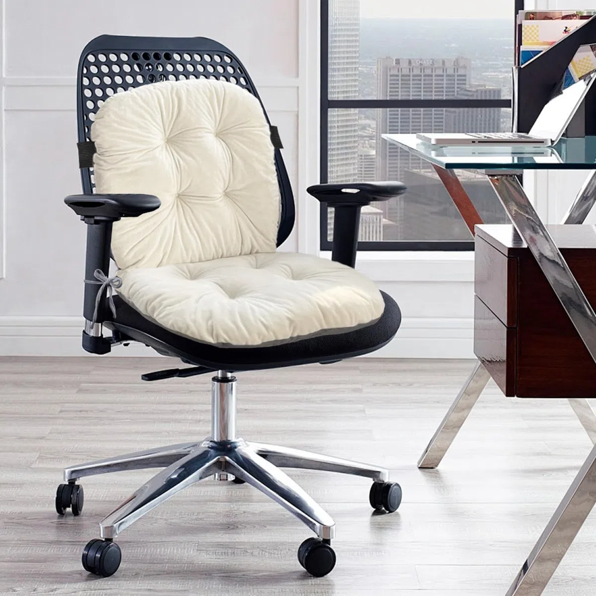 Cojines para Sillas de Jardin,Cojín Blanco para Silla, Cojín de Asiento Suave con Funda Extraíble, Cojín para Silla de oficina con Lazos, Cojín para Silla Mecedora Interior,Beige, 42*85CM (Beige)