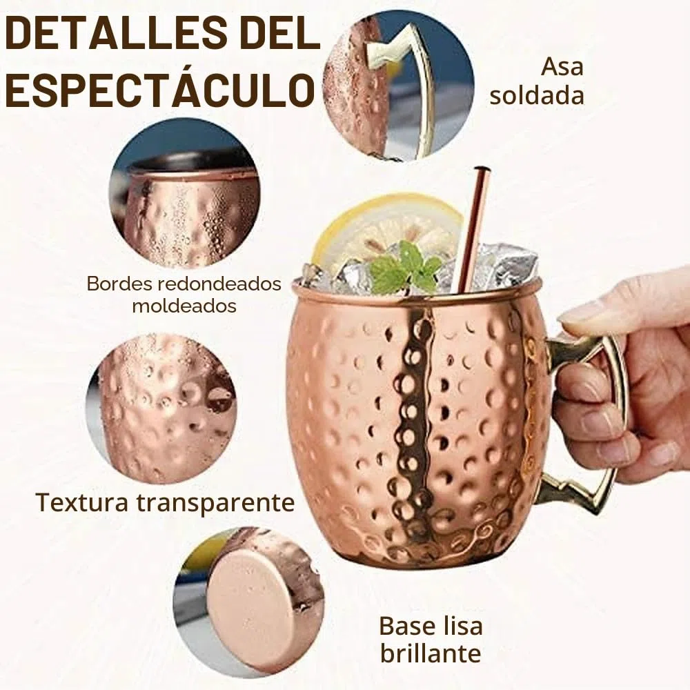 Moscow Mule Copas de cobre - Juego de 2 tazas de acero inoxidable de 540 ml, tazas martilladas seguras para alimentos, perfectas para cócteles, vaso de agua, bebida fría