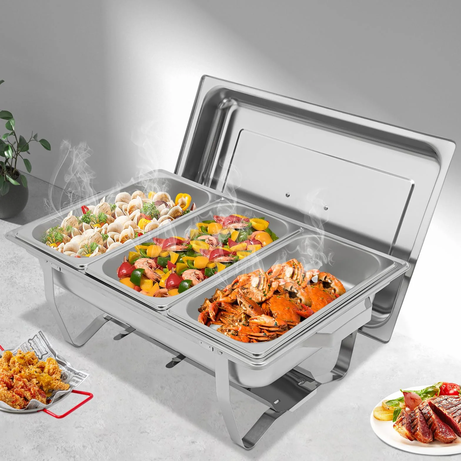 Chafing Dish - Calentador de alimentos de acero inoxidable de 5 litros con tapa, calentador de buffet, accesorio para catering, buffet y fiestas (3 recipientes de 1/3 GN)