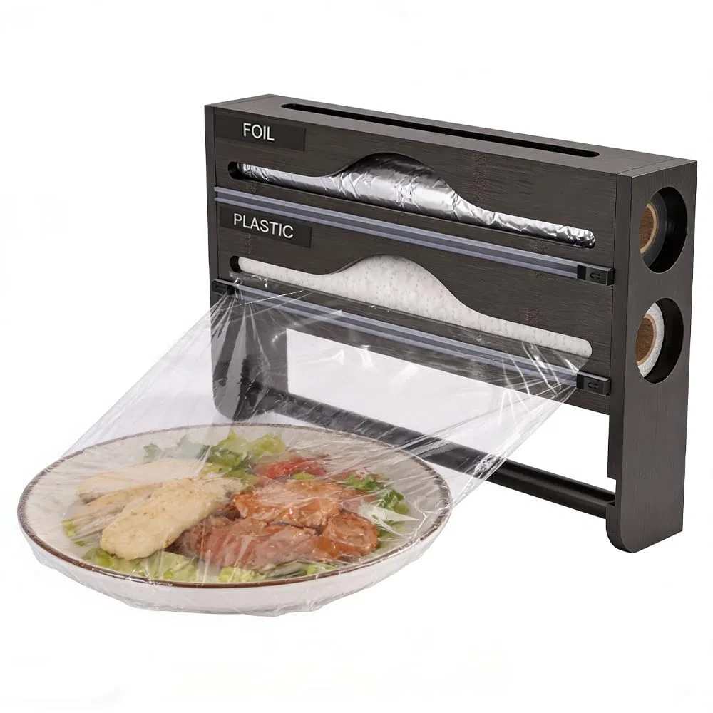 Dispensador Papel Aluminio y Film 3 in 1 con Portarrollos Cocina Dispensador de Láminas de Madera Organizador para Aluminio y Fim, 35,2x21x7cm