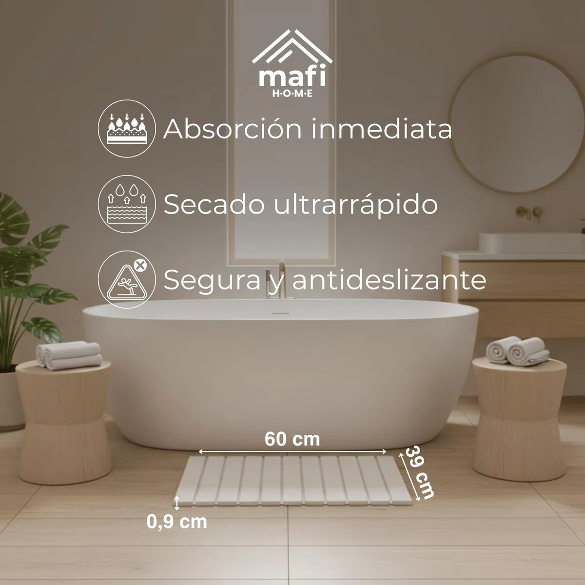 Alfombrilla de Baño Diatomita Flexible 39x60 cm | Alfombra Baño Secado Ultrarrápido Superabsorbente | Enrollable y Fácil de Guardar | Antideslizante | Tapete Baño | Piedra Natural (Blanco)